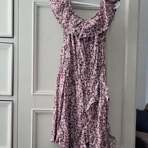 Girls' Brown Floral Ruffle Midi Dress with Gathered Waist - 6